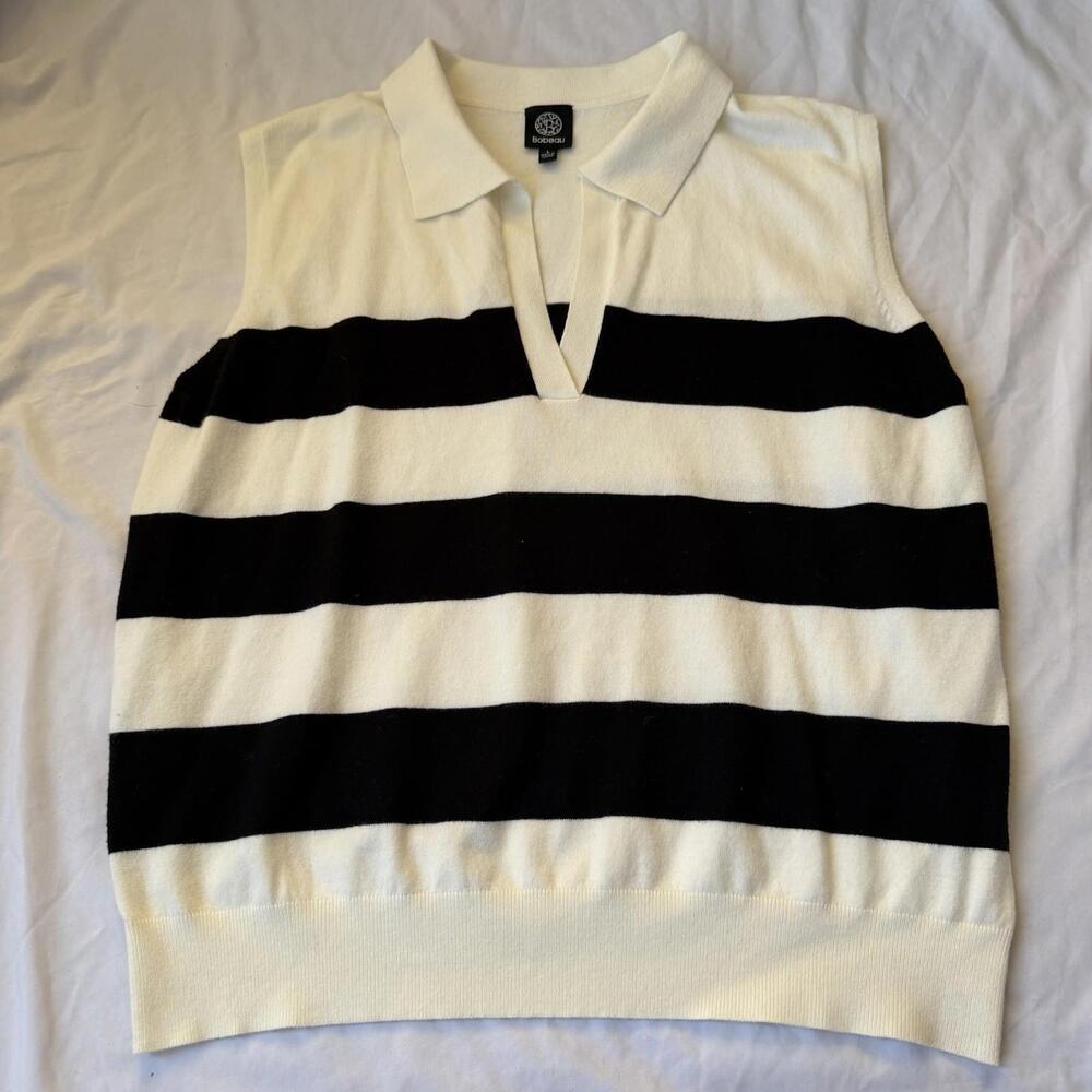 Bobeau Sweater Vest Womens L Black White Striped Collared Knit Top Preppy